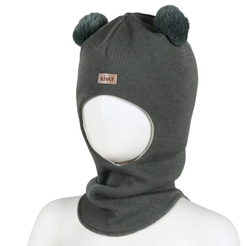 Kivat ull balaclava med store dusker - mosegrønn